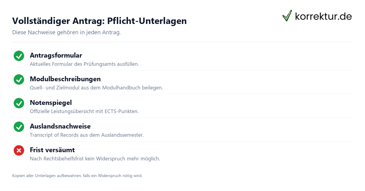 Vollständiger Antrag: Pflicht-Unterlagen Checkliste Anerkennung von Studienleistungen beantragen: vollständige Antragsunterlagen