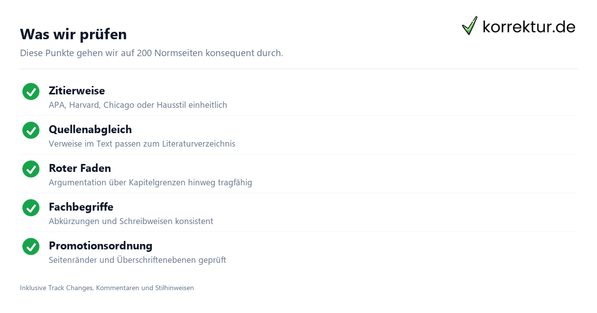 Was wir prüfen Dissertation Korrekturlesen 200 Seiten ruhig planen, Prüfpunkte der Lektorin