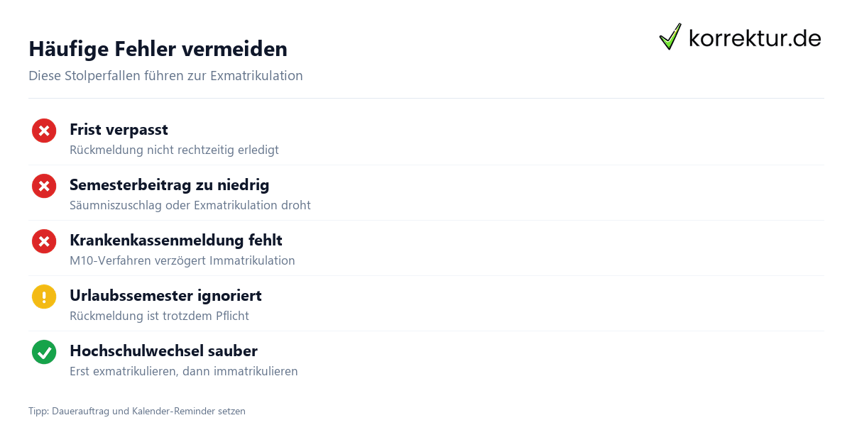 Häufige Fehler vermeiden Häufige Fehler bei Immatrikulation und Rückmeldung im Studium