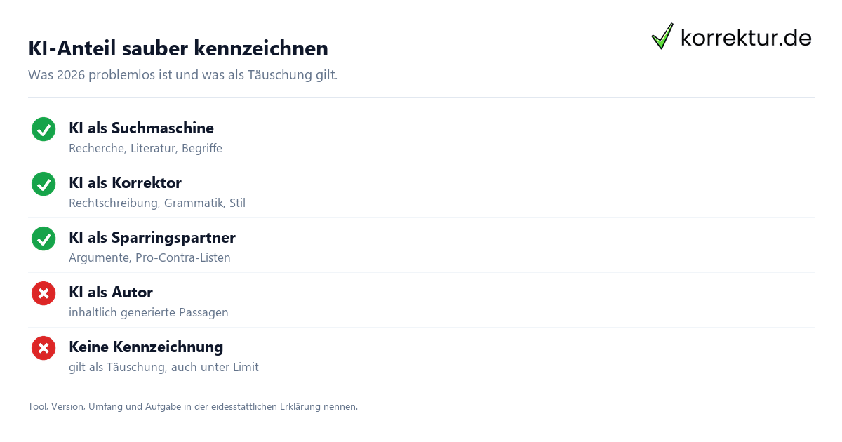 KI-Anteil sauber kennzeichnen Checkliste erlaubter KI-Anteil Bachelorarbeit 2026 Kennzeichnung