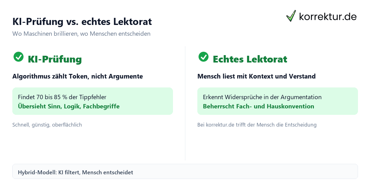 KI-Prüfung vs. echtes Lektorat KI-Prüfung und echtes Lektorat im Vergleich: Algorithmus gegen menschlichen Lektor