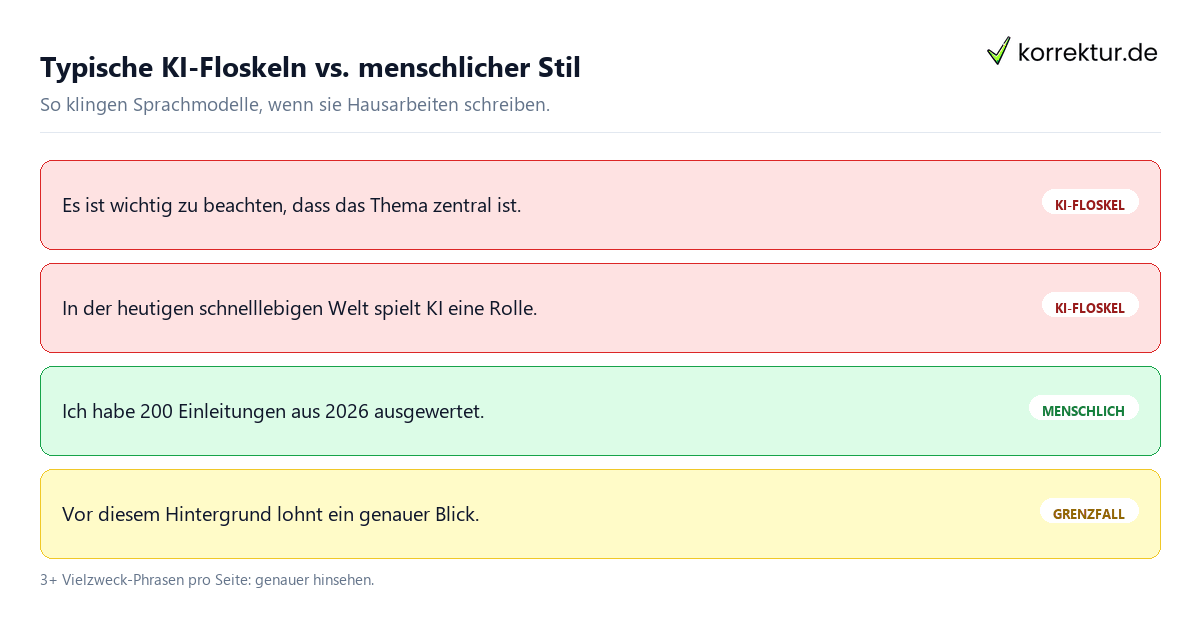 KI-Texte an Stilmerkmalen erkennen 2026: typische Floskeln im Vergleich