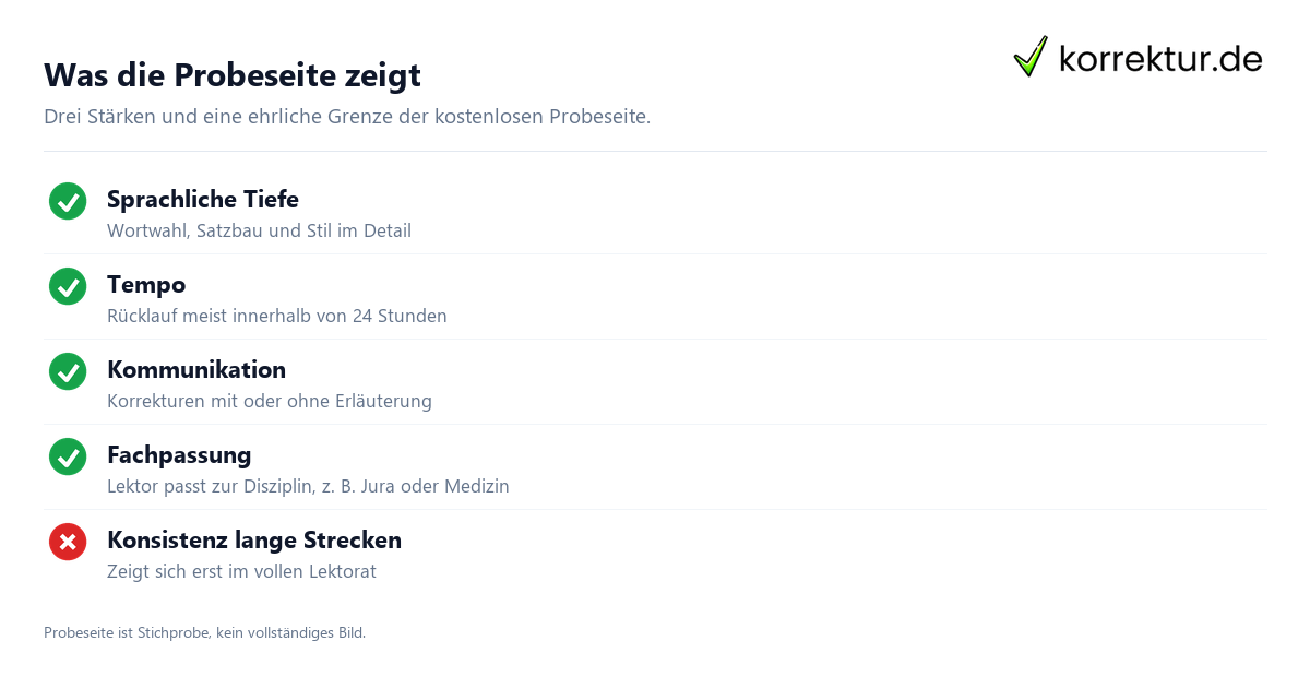 Was die Probeseite zeigt Lektorat Probeseite kostenlos zeigt Stil Tiefe und Tempo, nicht aber Konsistenz