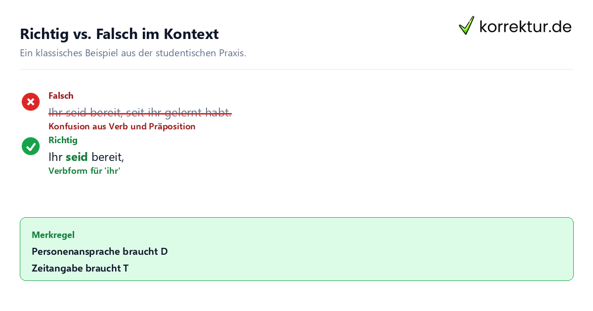 Richtig vs. Falsch im Kontext Rotstift-Korrektur des Satzes mit Seit oder Seid