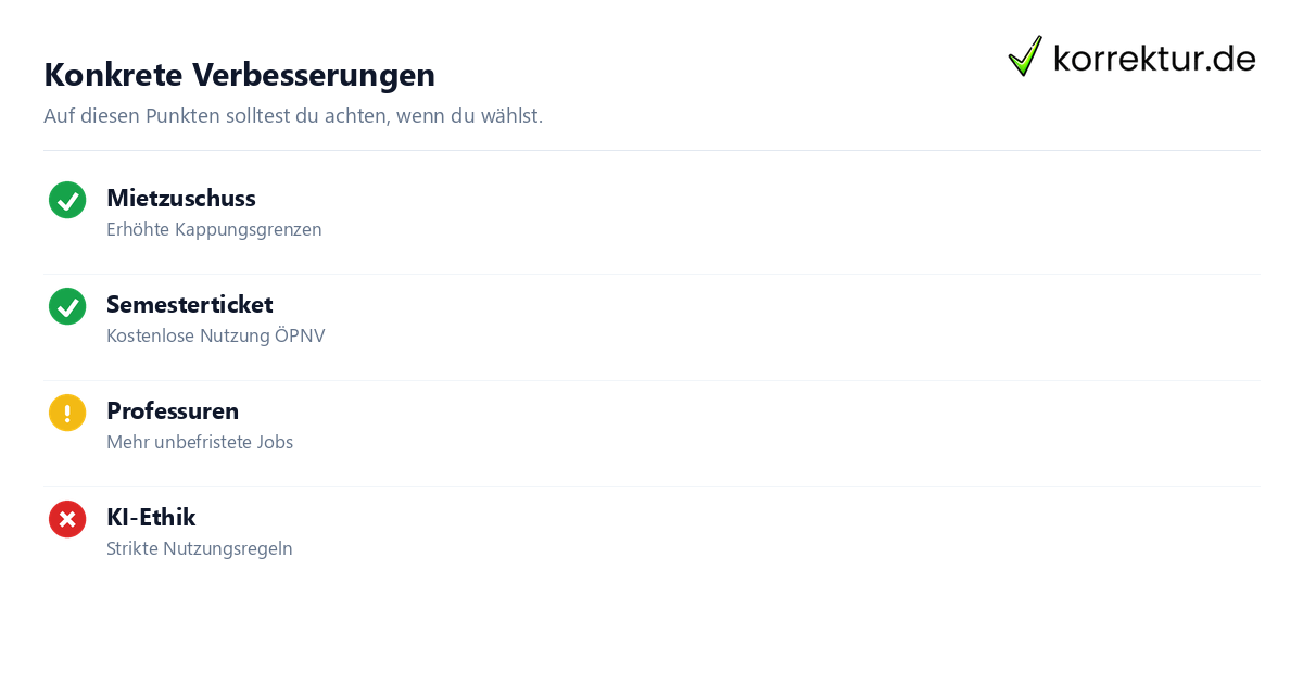 Checkliste der politischen Maßnahmen für besseres Studentenleben