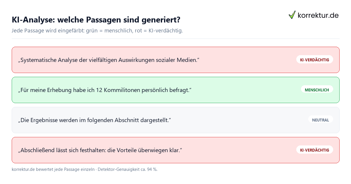 KI-Texte erkennen: Passagen grün als menschlich und rot als KI-verdächtig markiert