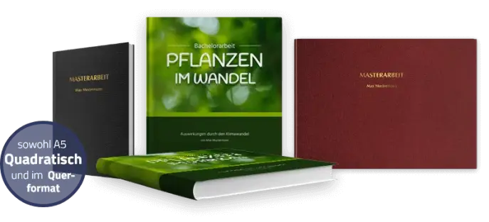 Gedruckte Bachelorarbeit mit Motivcover im quadratischen Format neben Masterarbeiten im Quer- und Hochformat