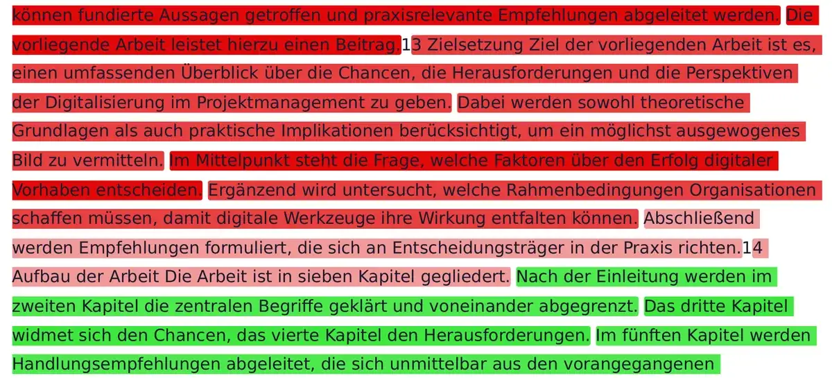 Bericht des KI-Detektors mit rot markierten KI-typischen Stellen und grünen unauffälligen Passagen
