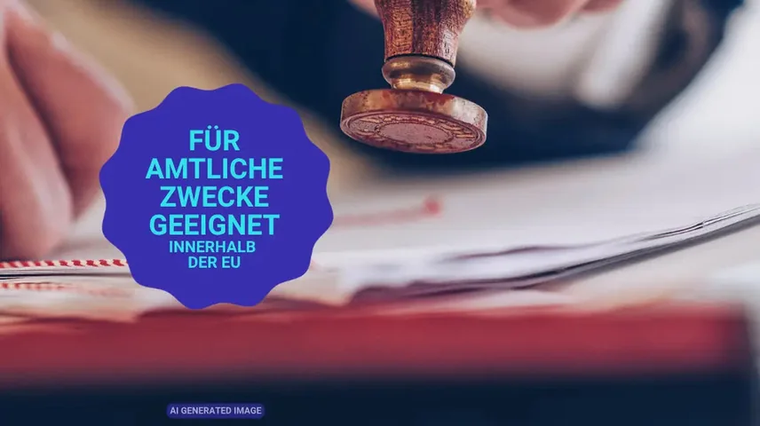 Beglaubigung24: Stempel auf einem übersetzten Dokument, Hinweis für amtliche Zwecke geeignet