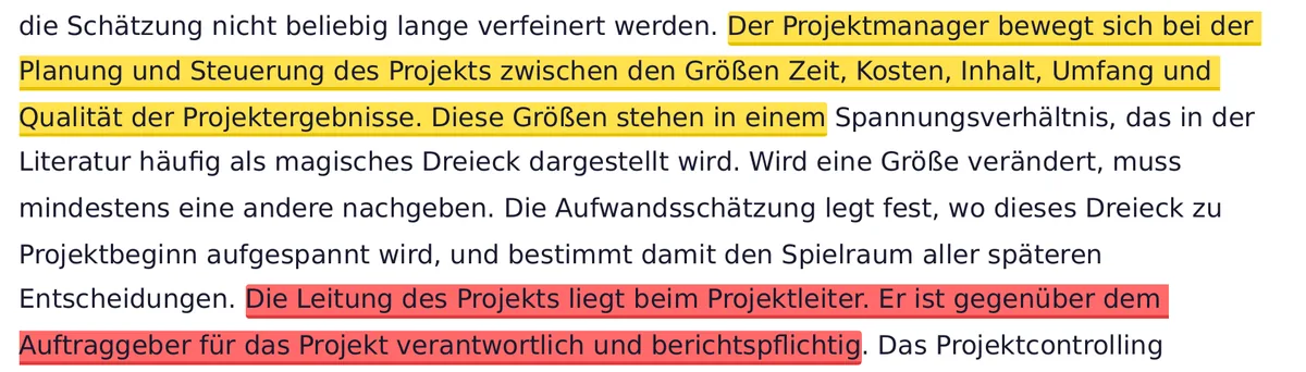 Markierter Fließtext in Gelb und Rot je nach Ähnlichkeit zur gefundenen Quelle