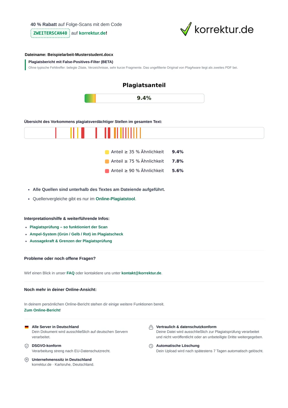 Erste Seite eines Plagiatsberichts mit Plagiatsanteil, Verteilung der Treffer und