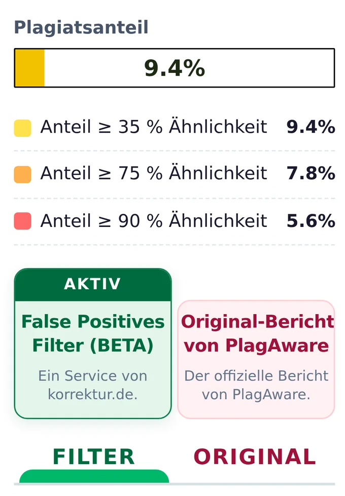 Umschalter im Plagiatsbericht mit aktivem False-Positives-Filter und 9,4 Prozent Plagiatsanteil
