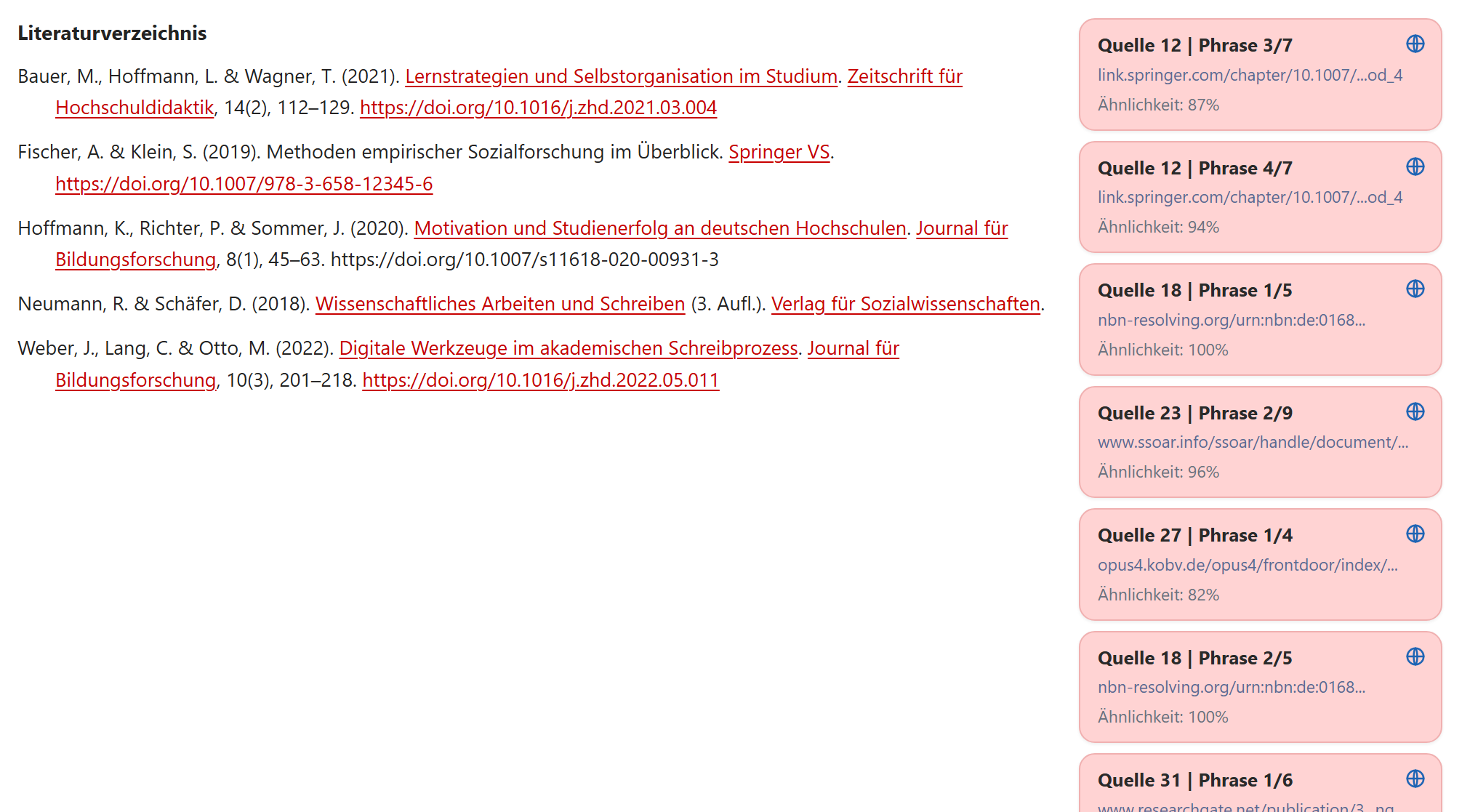 Plagiatsjäger: Literaturverzeichnis erzeugt viele Treffer (Fehlalarme)