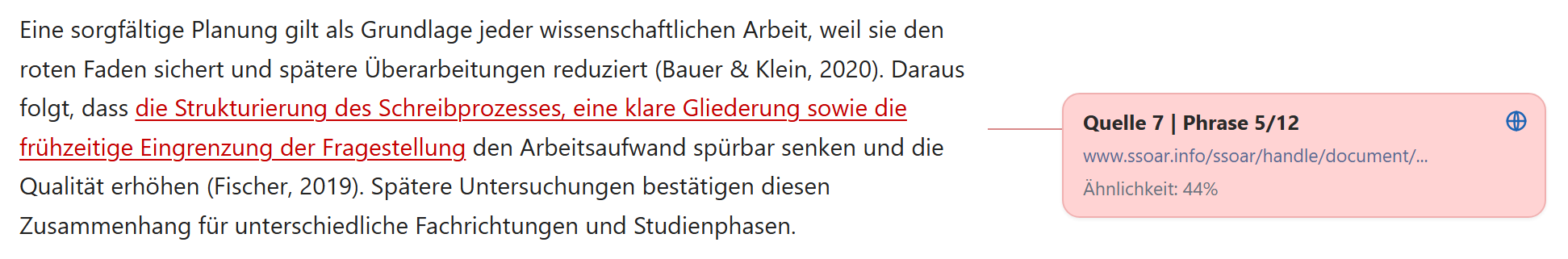 Plagiatsjäger: markierte Stelle mit nur 44 Prozent Ähnlichkeit (Fehlalarm)