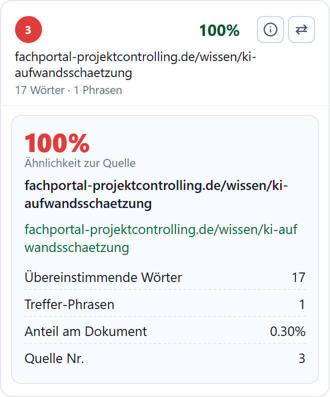 Online Plagiatfinder ab 0: Quellen-Detailkarte mit Ähnlichkeit und Wortzahl