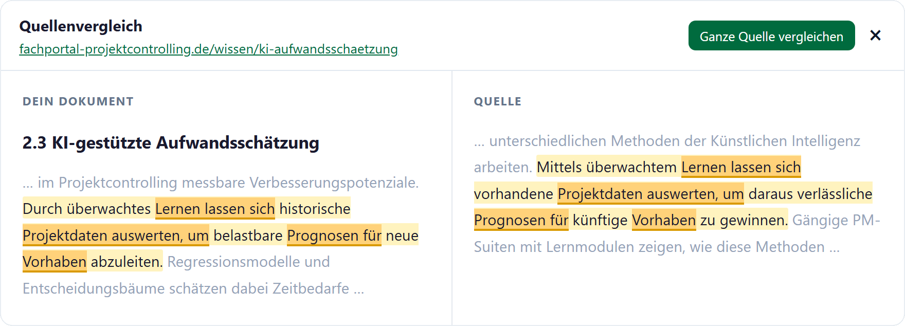 Online Plagiatfinder ab 0: Quellenvergleich, Dokument und Quelle nebeneinander