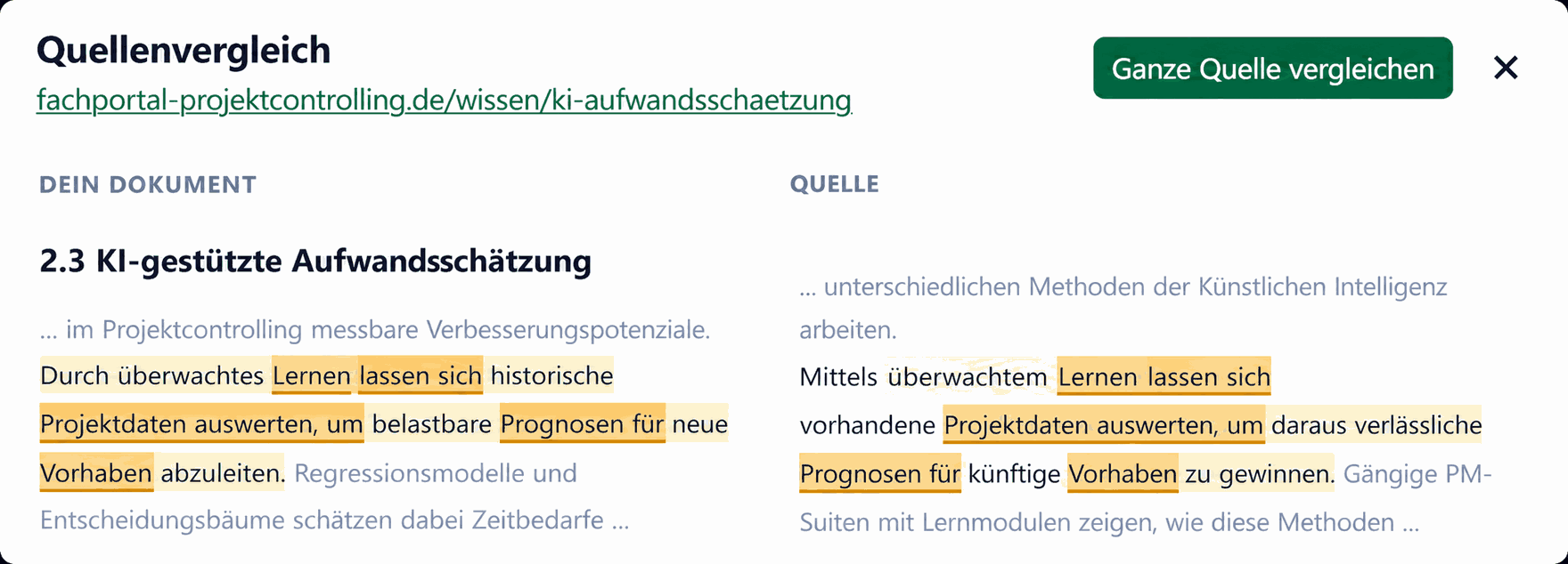 Plagiatssoftware – Quellenvergleich Plagiatssoftware: Quellenvergleich, Dokument und Referenzquelle nebeneinander