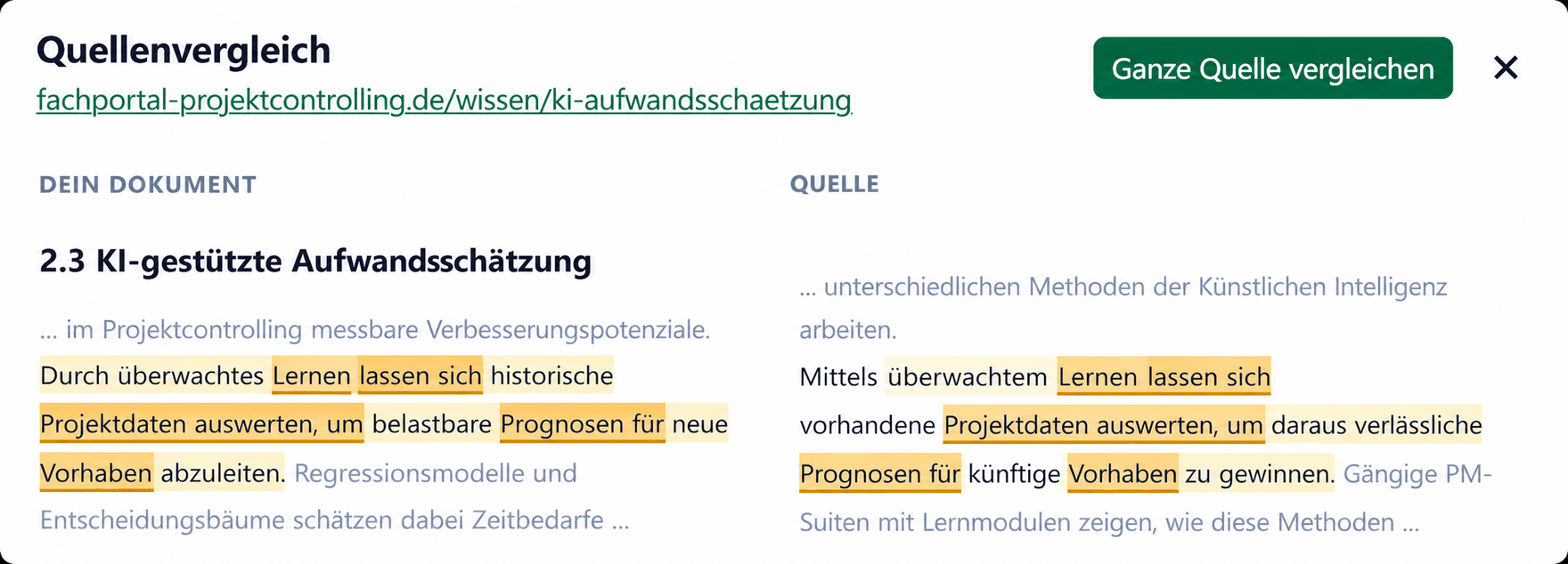 Plagiatsprüfung – Quellenvergleich Plagiatsprüfung: Quellenvergleich, Dokument und Referenzquelle nebeneinander