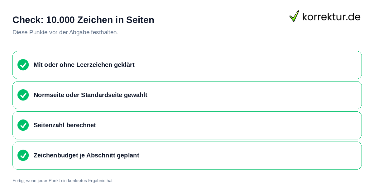 10.000 Zeichen in Seiten: Prüfliste mit vier Punkten