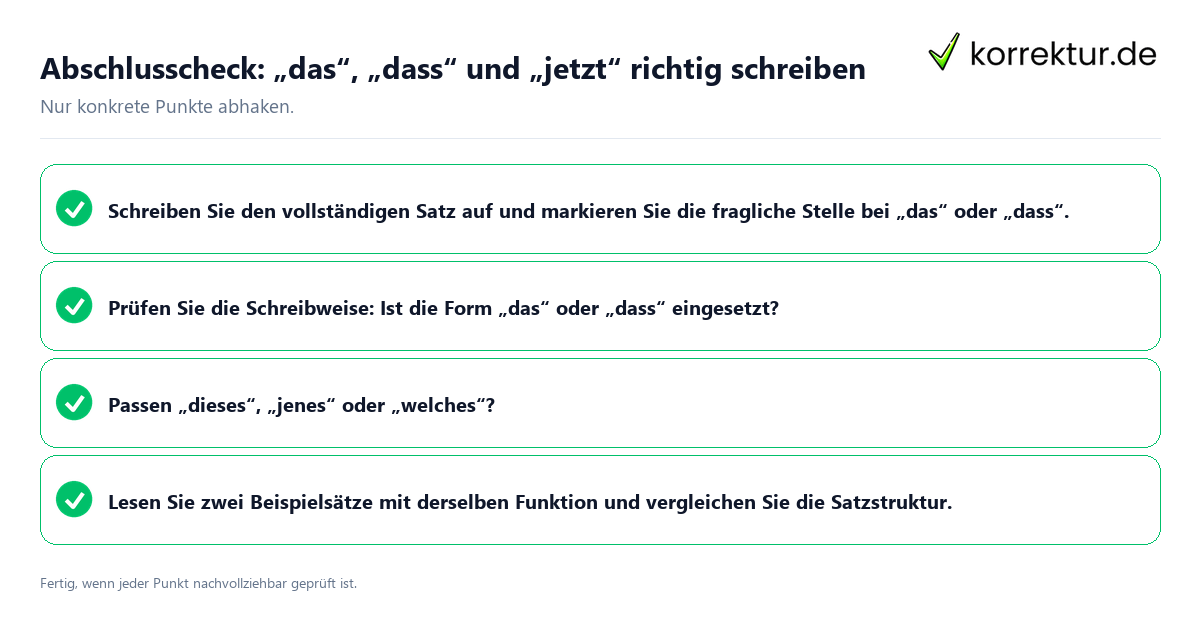 Abschlusscheck: „das“, „dass“ und „jetzt“ richtig schreiben Konkreter Abschlusscheck zu „das“, „dass“ und „jetzt“ richtig schreiben