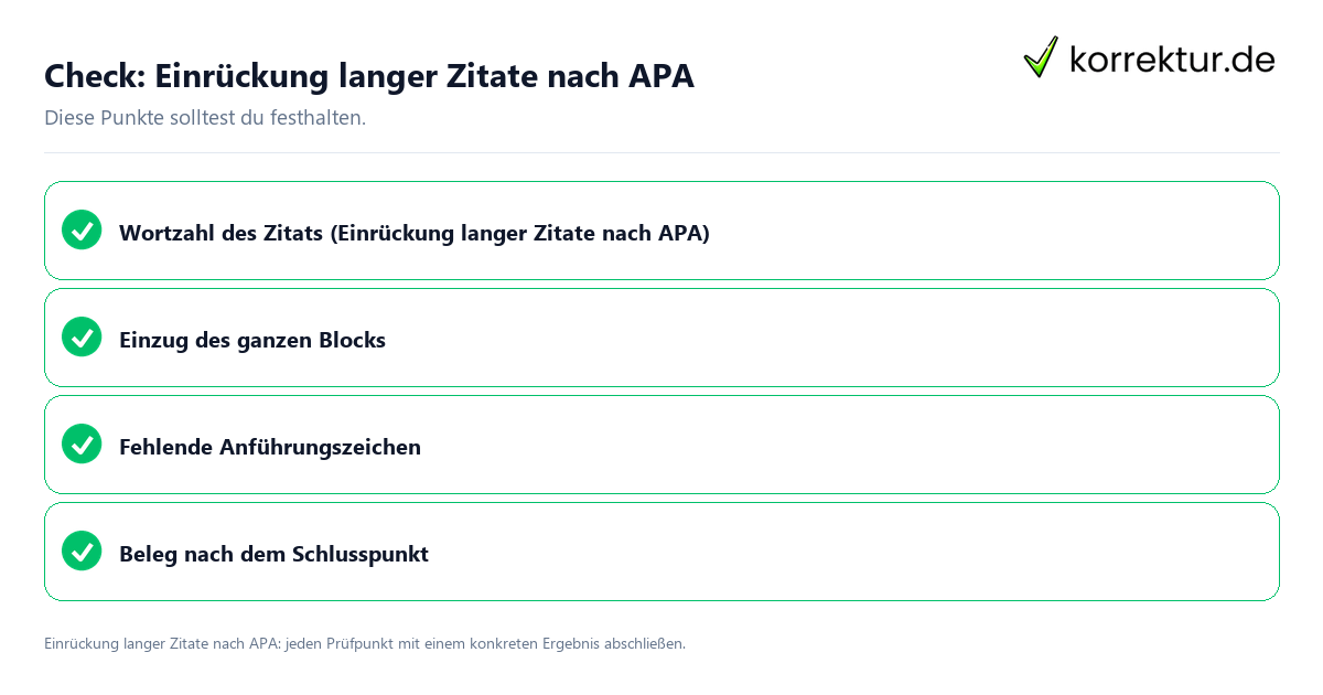 Einrückung langer Zitate nach APA mit einer themenspezifischen Checkliste
