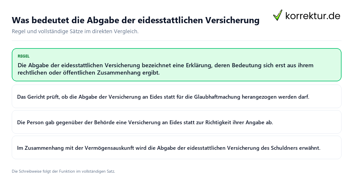 Konkrete Regel und vollständige Beispielsätze zu Was bedeutet die Abgabe der eidesstattlichen Versicherung