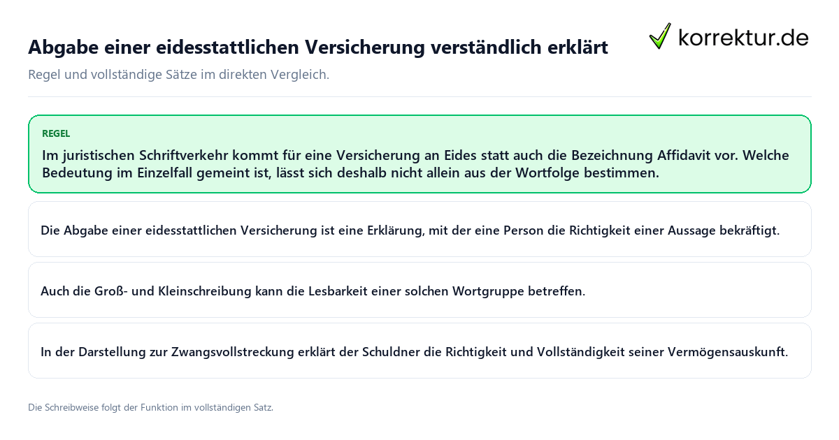 Konkrete Regel und vollständige Beispielsätze zu Abgabe einer eidesstattlichen Versicherung verständlich erklärt