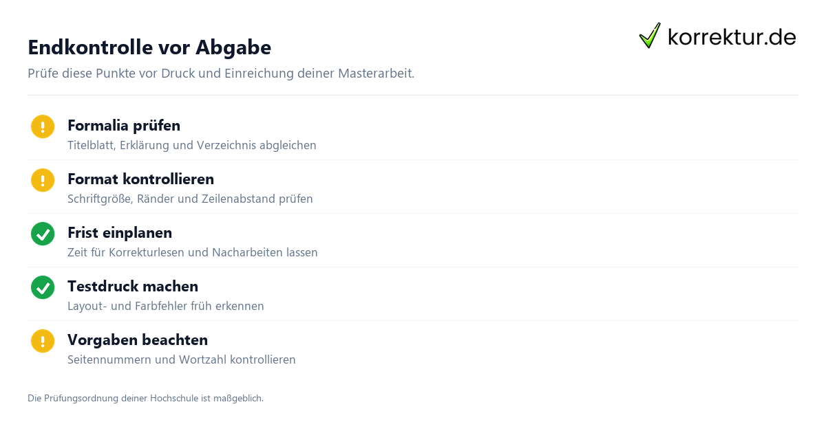 Checkliste zur Abgabe Masterarbeit mit formalen Vorgaben