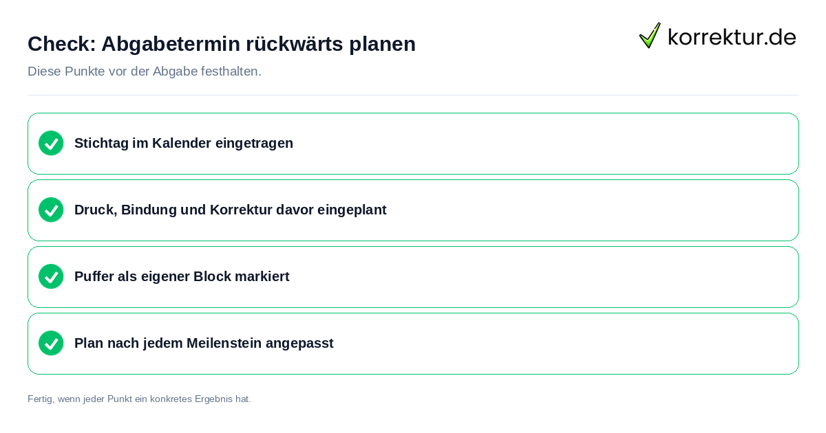 Check: Abgabetermin rückwärts planen Abgabetermin rückwärts planen: Prüfliste mit vier Punkten