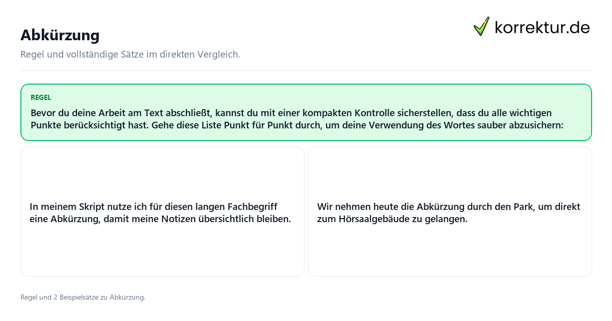 Abkürzung Konkrete Regel und vollständige Beispielsätze zu Abkürzung