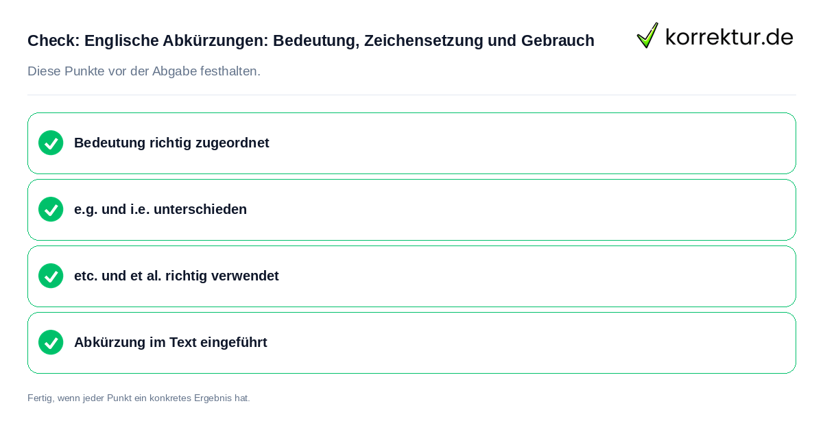 Englische Abkürzungen: Bedeutung, Zeichensetzung und Gebrauch: Prüfliste mit vier Punkten