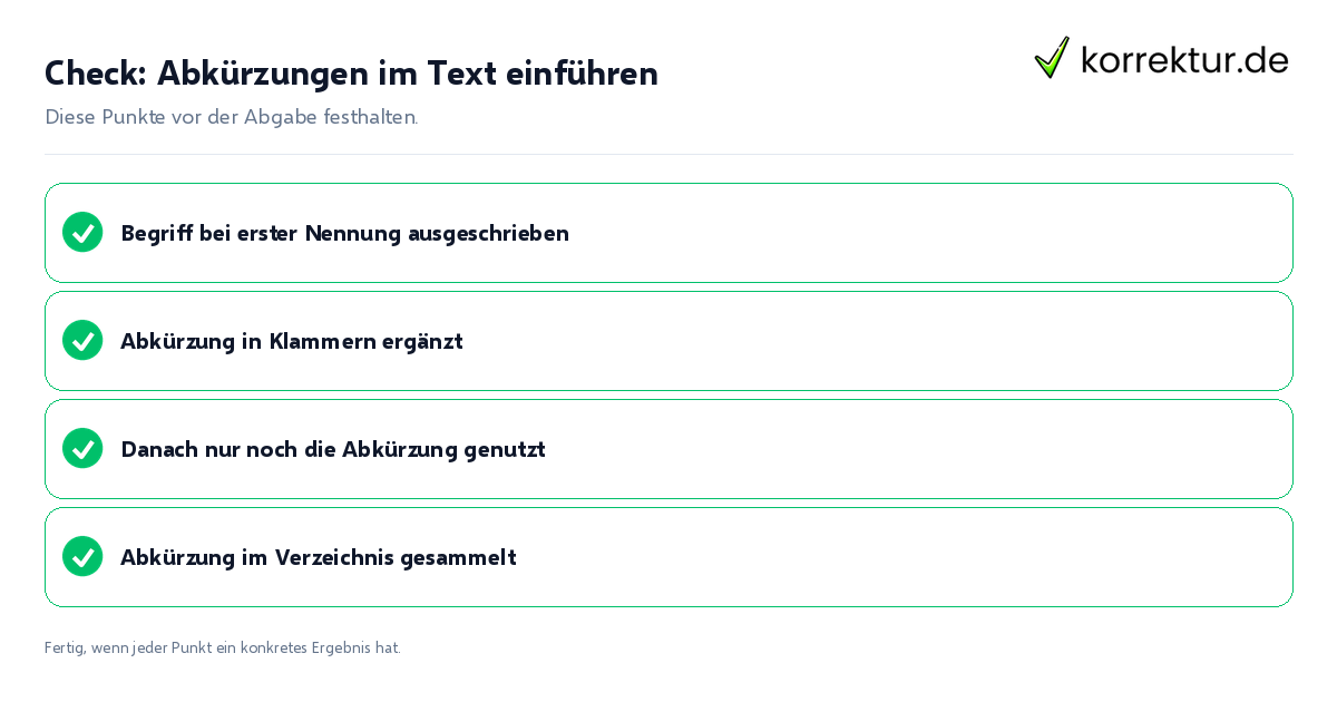 Check: Abkürzungen im Text einführen Abkürzungen im Text einführen: Prüfliste mit vier Punkten