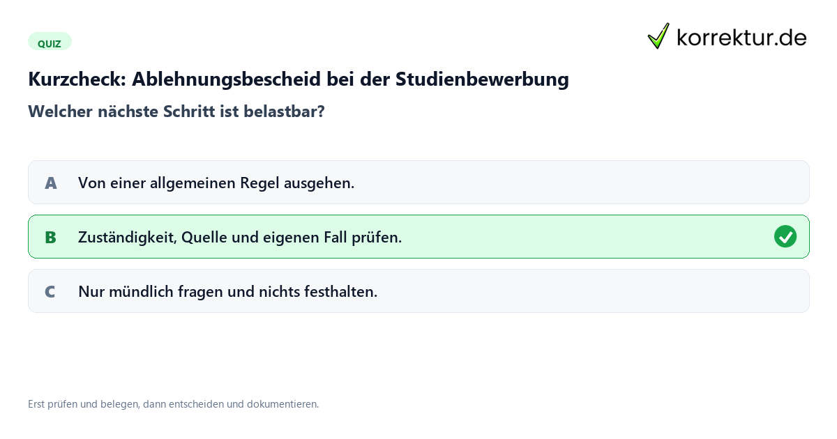 Ablehnungsbescheid bei der Studienbewerbung mit einem Kurzquiz zum sinnvollen nächsten Schritt