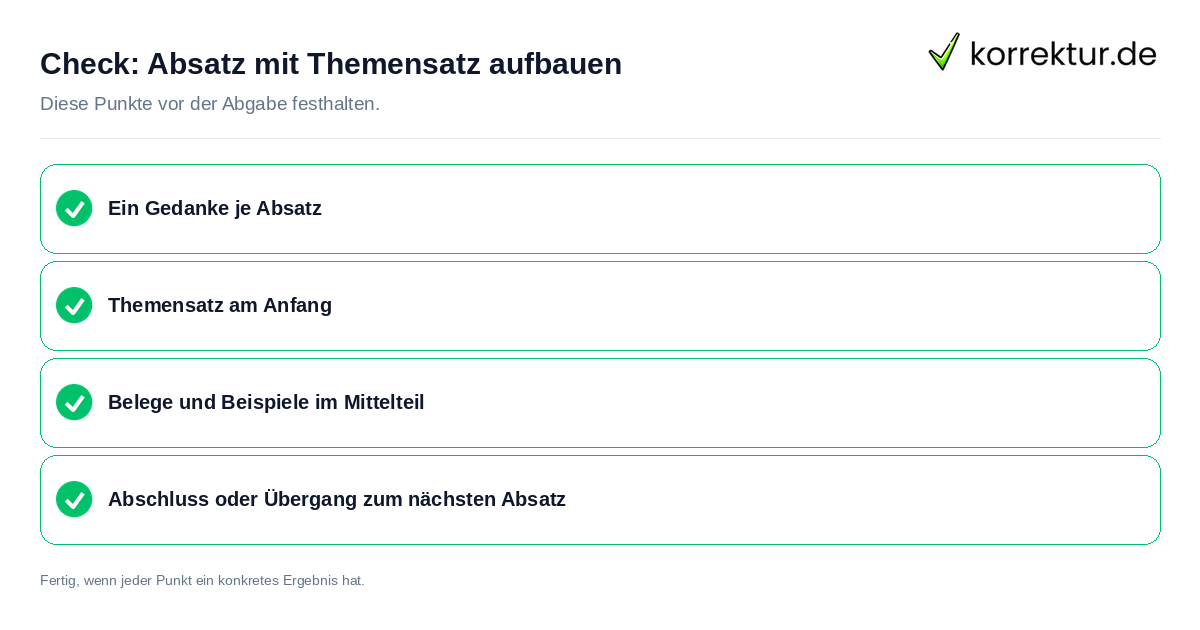 Check: Absatz mit Themensatz aufbauen Absatz mit Themensatz aufbauen: Prüfliste mit vier Punkten