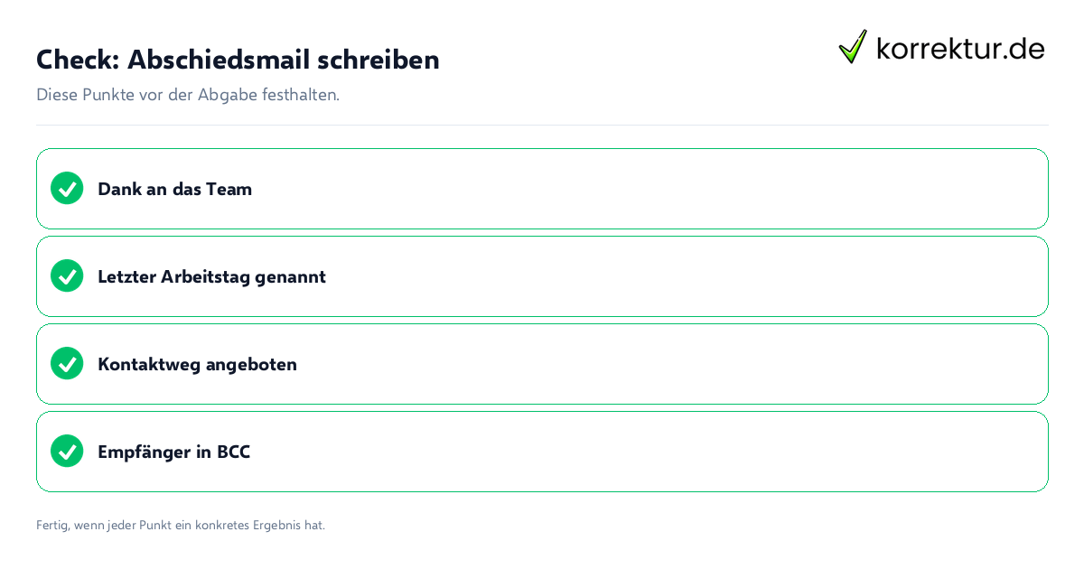 Check: Abschiedsmail schreiben Abschiedsmail schreiben: Prüfliste mit vier Punkten