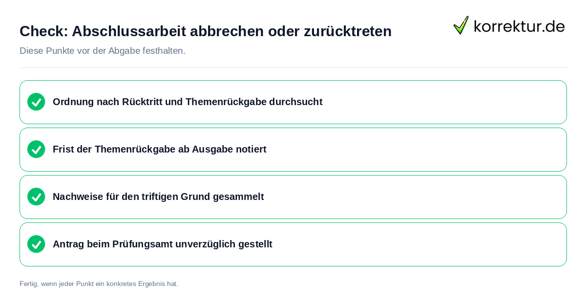 Check: Abschlussarbeit abbrechen oder zurücktreten Abschlussarbeit abbrechen oder zurücktreten: Prüfliste mit vier Punkten