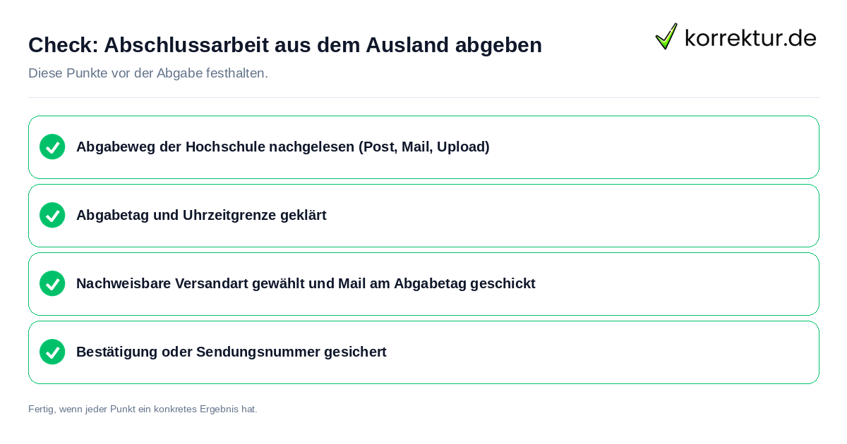 Abschlussarbeit aus dem Ausland abgeben: Prüfliste mit vier Punkten