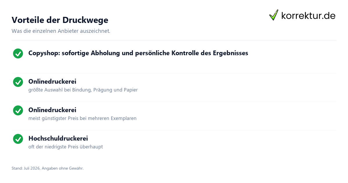 Vorteile der Druckwege Abschlussarbeit drucken lassen: Anbieter im Vergleich: Stärken im Überblick