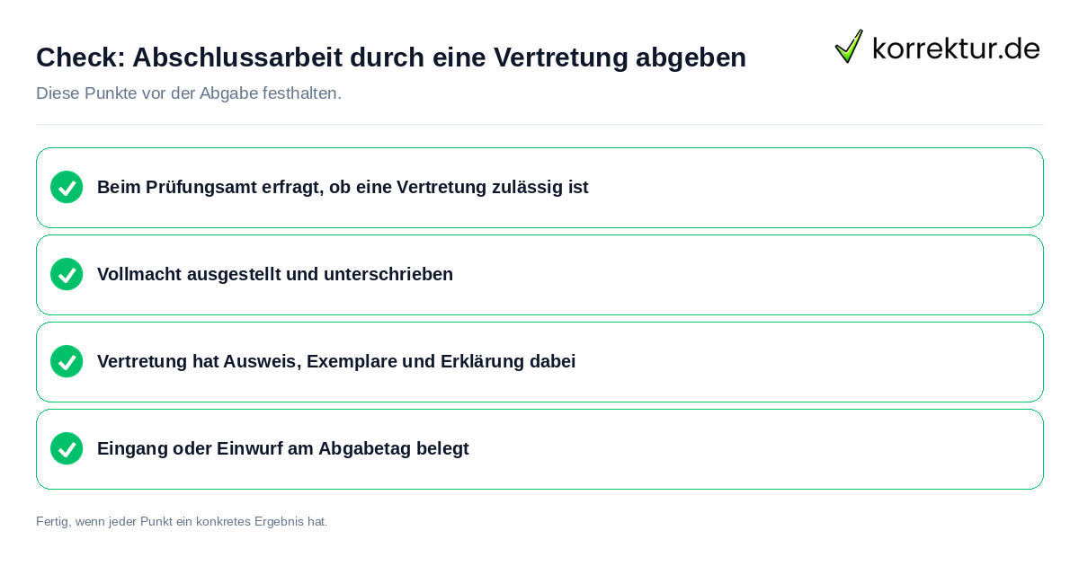 Abschlussarbeit durch eine Vertretung abgeben: Prüfliste mit vier Punkten