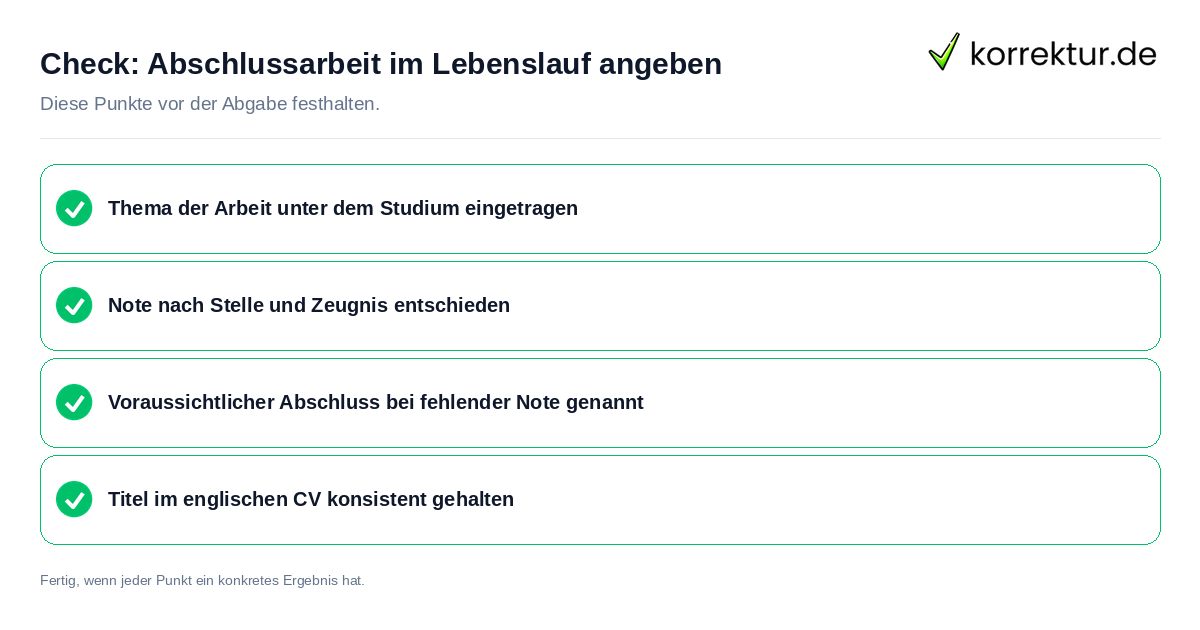 Abschlussarbeit im Lebenslauf angeben: Prüfliste mit vier Punkten