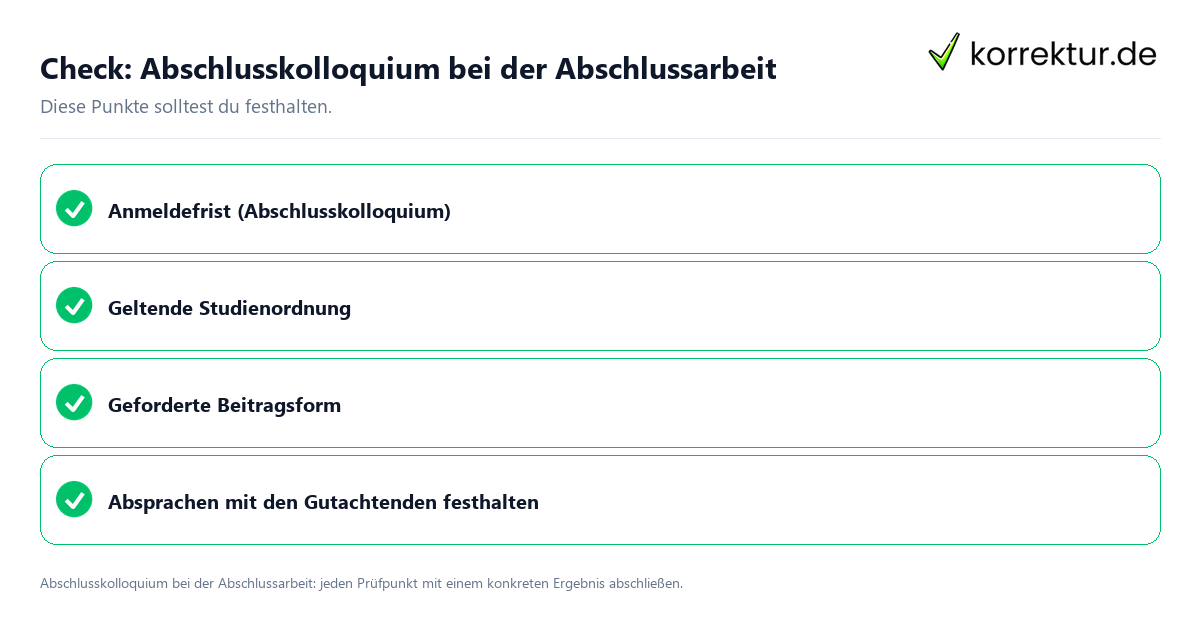 Abschlusskolloquium bei der Abschlussarbeit mit einer themenspezifischen Checkliste