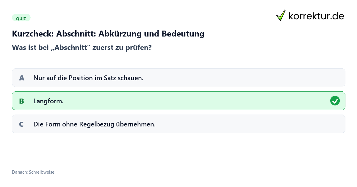 Abschnitt: Abkürzung und Bedeutung mit einem Kurzquiz zum sinnvollen nächsten Schritt
