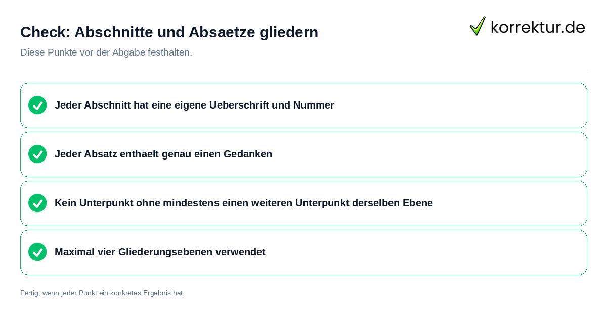 Abschnitte und Absätze gliedern: Prüfliste mit vier Punkten