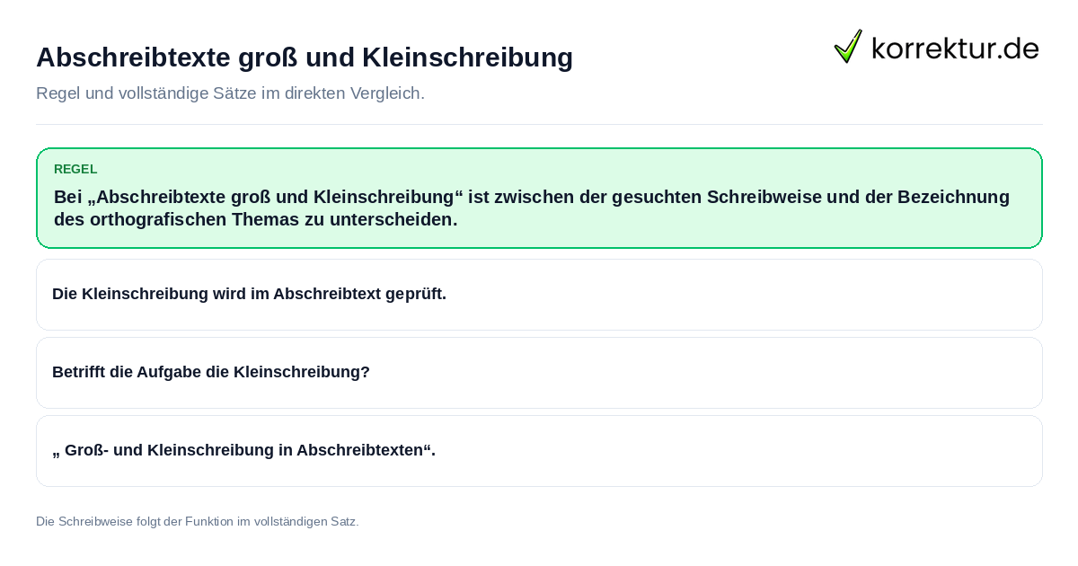 Konkrete Regel und vollständige Beispielsätze zu Abschreibtexte groß und Kleinschreibung