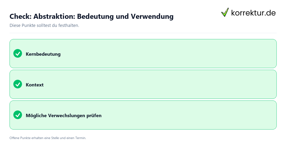 Abstraktion: Bedeutung und Verwendung mit Checkliste für Unterlagen und nächste Schritte