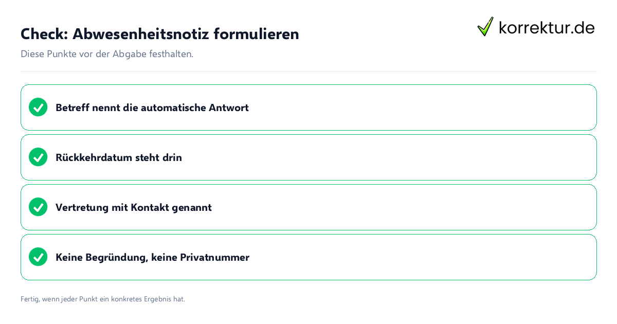 Check: Abwesenheitsnotiz formulieren Abwesenheitsnotiz formulieren: Prüfliste mit vier Punkten