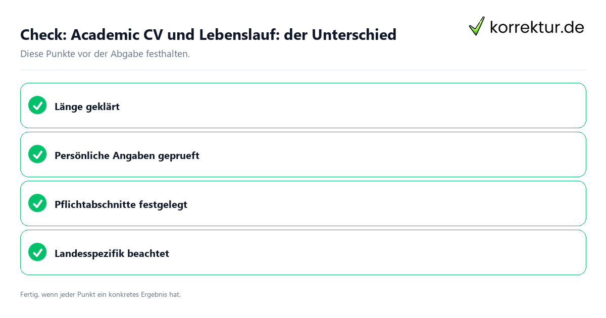Check: Academic CV und Lebenslauf: der Unterschied Academic CV und Lebenslauf: der Unterschied: Prüfliste mit vier Punkten