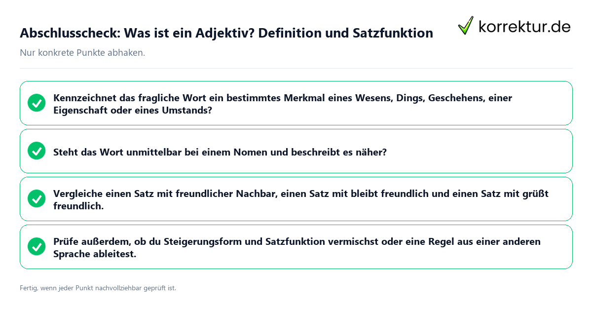Konkreter Abschlusscheck zu Was ist ein Adjektiv? Definition und Satzfunktion