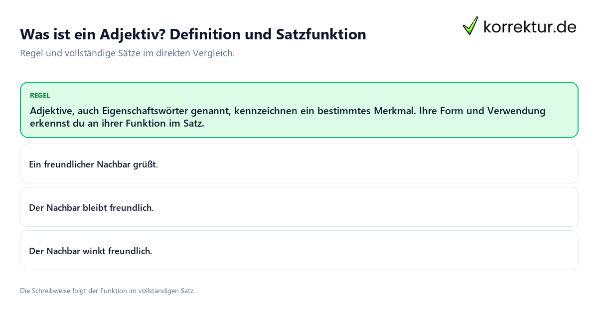 Konkrete Regel und vollständige Beispielsätze zu Was ist ein Adjektiv? Definition und Satzfunktion
