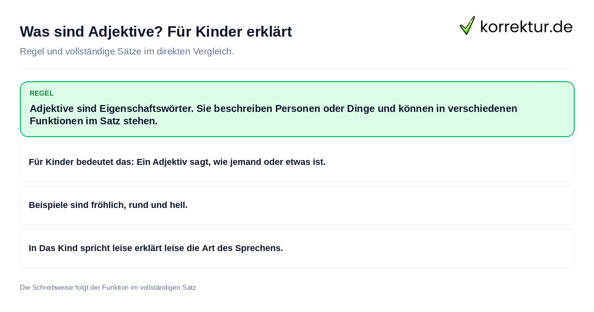 Konkrete Regel und vollständige Beispielsätze zu Was sind Adjektive? Für Kinder erklärt
